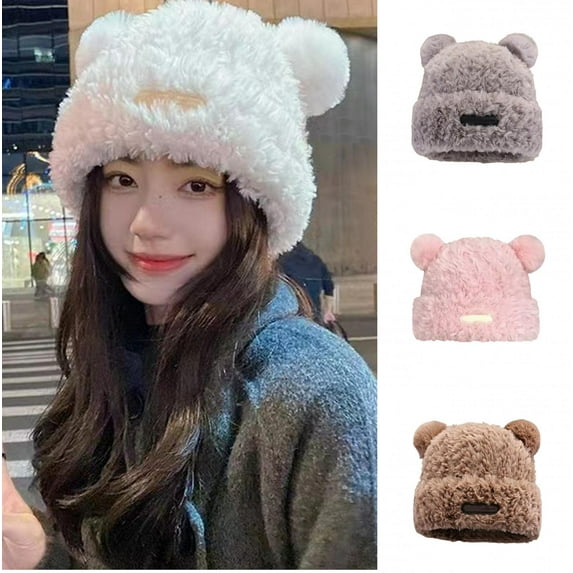 D-GROEE Elastic Hat Women Winter Hat Cartoon Bear Shape Thick Plush Ear Protection Knitted Lady Outdoor One-piece Hood Hat