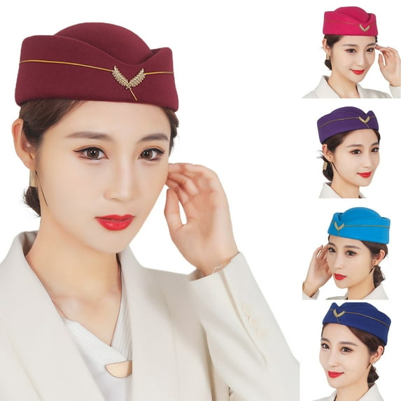 D-GROEE Elegant Bow Beret Hat Cap Vintage British Stewardess Hat Wool Flight Attendant Hat Costume Air Hostess Cap for Performance