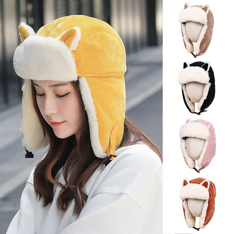 D-GROEE Fashion Winter Bomber Hats for Women Lovely Cat Ear Trooper Aviator  Earflap Cap Outdoor White Plush Lining Fuzzy Ski Hat