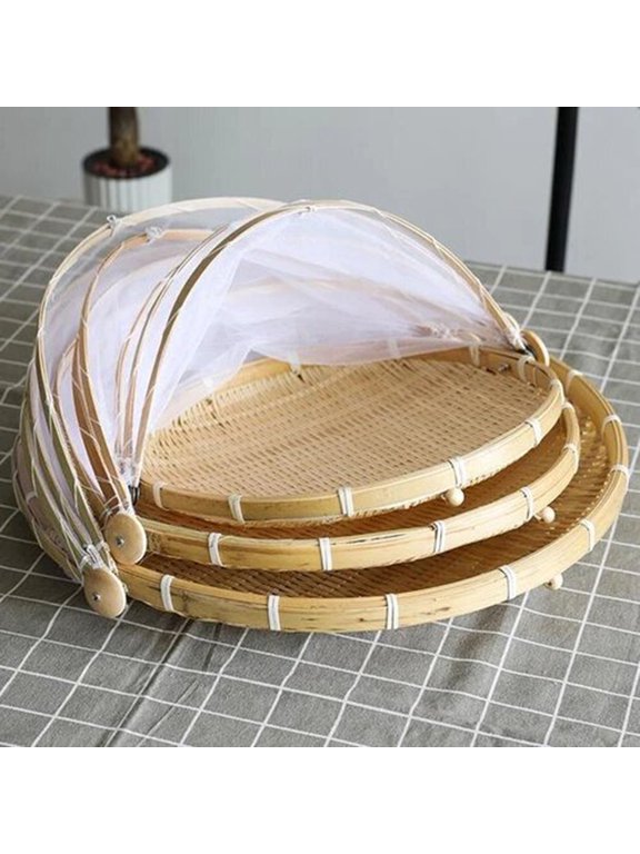 Food Serving Tent Basket - Hand-Woven Bamboo-Serving-Basket Dustproof-Bug-Proof Mosquitoesor Vegetable Fruits Food Meals Round Square Container