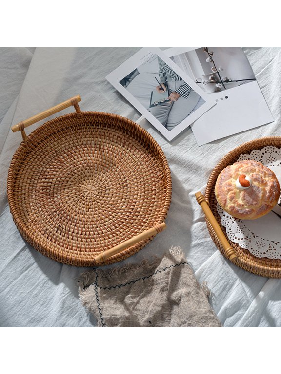 Handmade Faux Vine Round Woven Basket, Round Serving Tray with Handles, Food Serving Baskets, Basket, Great To Display Bread Or Fruit