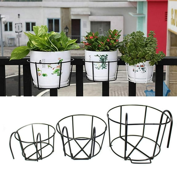 D-GROEE Hanging Railing Planters Flower Pot Holders Plant Iron Racks Fence Metal Potted Stand Mounted Balcony Round Plant Baskets Shelf Container Box for Indoor&Outdoor Use,Garden Steel Pots