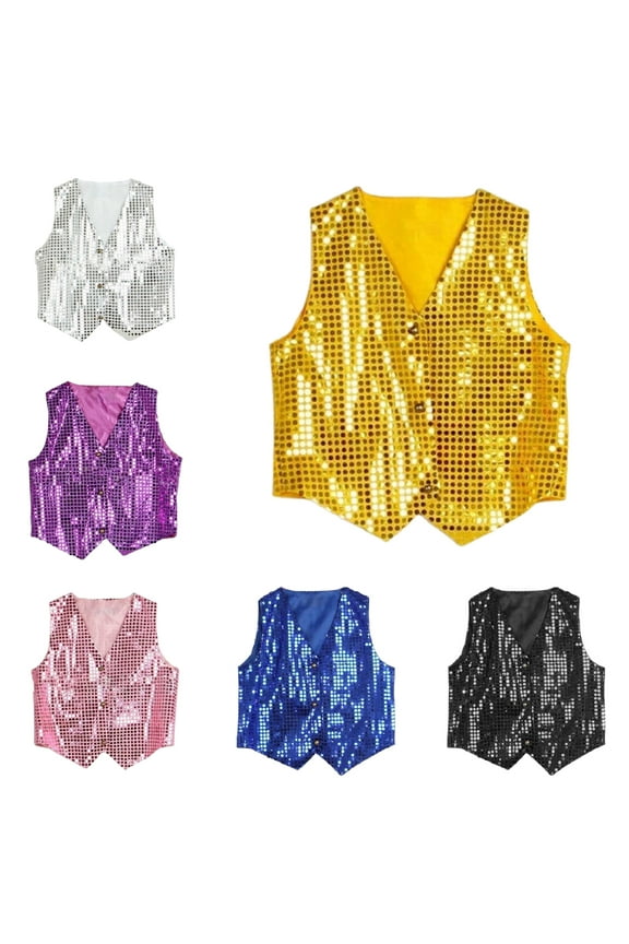 Kids Unisex Glittery Sequined Shirt Vest Jacket Shiny Waistcoat for Prom Dance Stage Performance