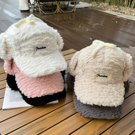 D GROEE Ladies Ear protective Baseball Winter Ladies Hat Earflaps Ear Thickened Plush Long Brim Sunshade Solid Color Lace Up Strap Windproof Lei Black