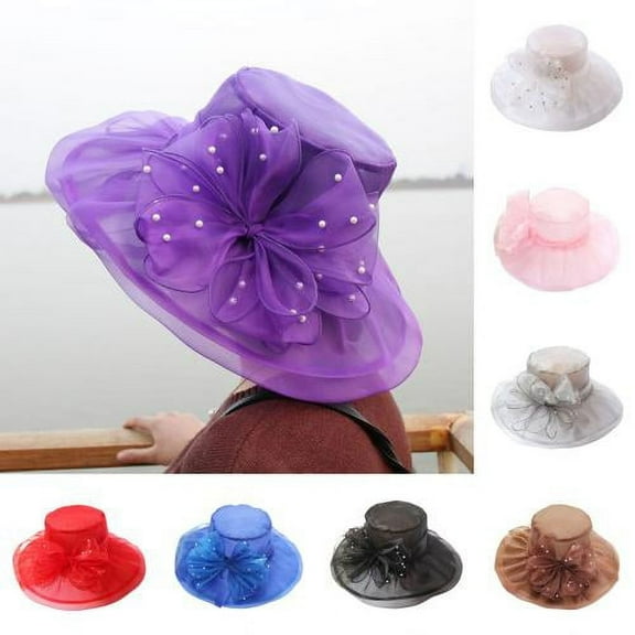 D-GROEE  Lady Derby Dress Church Organza Hat Faux Pearls Flower Decor Bucket Wedding Bowler Hats