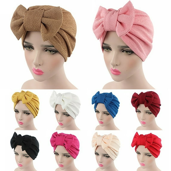 D-GROEE Lovely Decorative Turbans for Women Soft Bowknot Turban Head Wrap Headwear Pleated Beanie Cap Hair Loss Hat