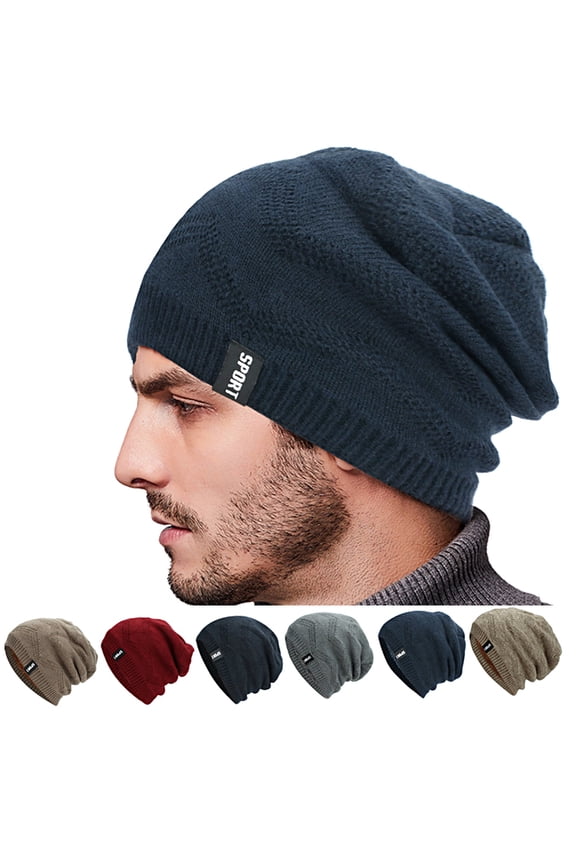 Men Slouchy Beanie Hat Knit Fleece Lining Baggy Slouch Skull Cap Thickening Soft Warm Slouch Beanie Cap for Winter