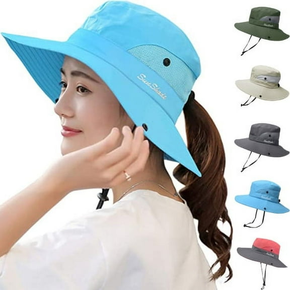 D GROEE Men Women UV Wide Brim Sun Hats Cooling Mesh Ponytail Hole Cap Foldable Travel Outdoor Fishing Hat