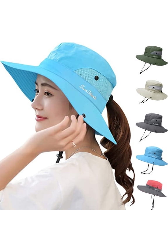 D GROEE Men Women UV Wide Brim Sun Hats Cooling Mesh Ponytail Hole Cap Foldable Travel Outdoor Fishing Hat