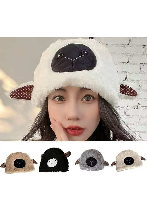 Plush Hat Cute Fuzzy Cozy Thickened Stretchy Keep Warm Soft Autumn Winter Sheep Lamb Ears Girls Cap for Daily