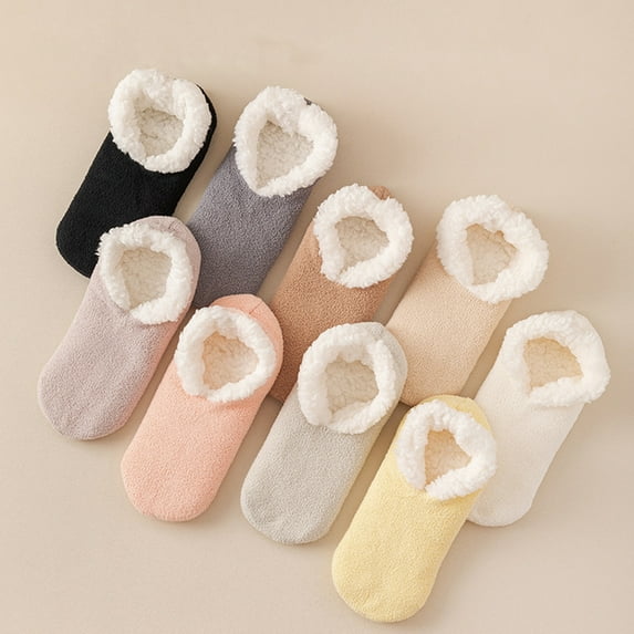 D-GROEE Plush Lined Socks Women's Non-slip Plush Lined Floor Socks Warm Winter Thermal Polyester Socks with Slip-resistant Sole for Indoor Home Use 1 Pair