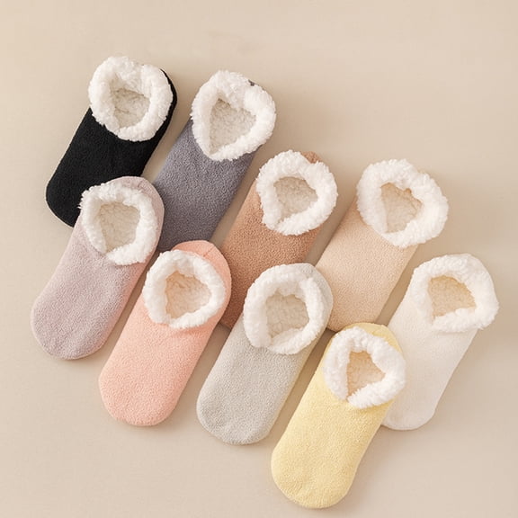 D-GROEE Plush Lined Socks Women's Non-slip Plush Lined Floor Socks Warm Winter Thermal Polyester Socks with Slip-resistant Sole for Indoor Home Use 1 Pair