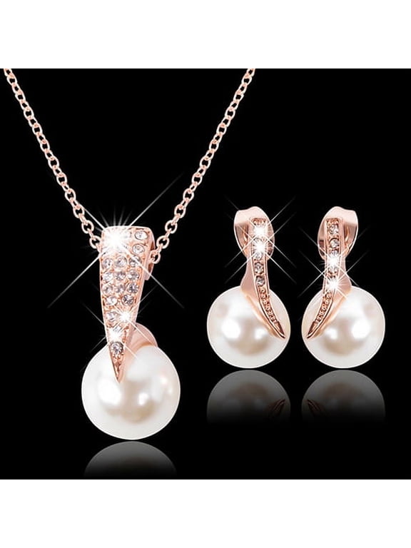 Rose Gold Faux Pearl Crystal Necklace and Earrings Jewelry Set for Prom, Bridal and Bridesmaids