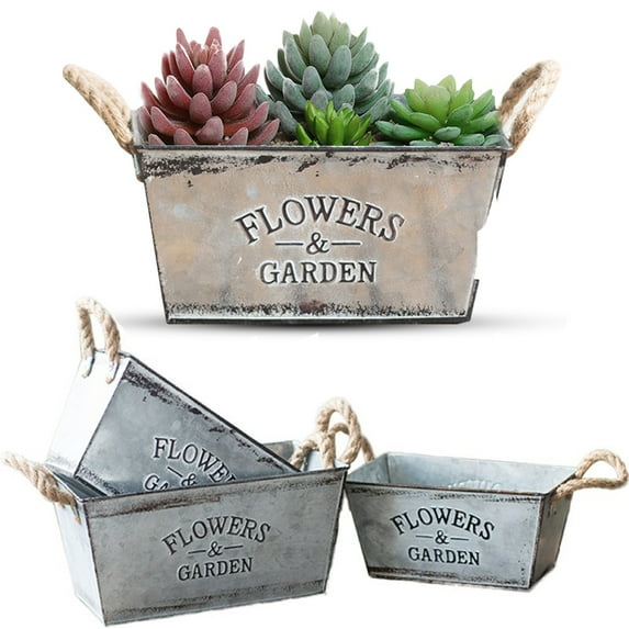 D-GROEE Rustic Succulent Planter Box Iron Flower Pot Twine Handles Plant Container Box 3 Different Sizes Balcony Decor