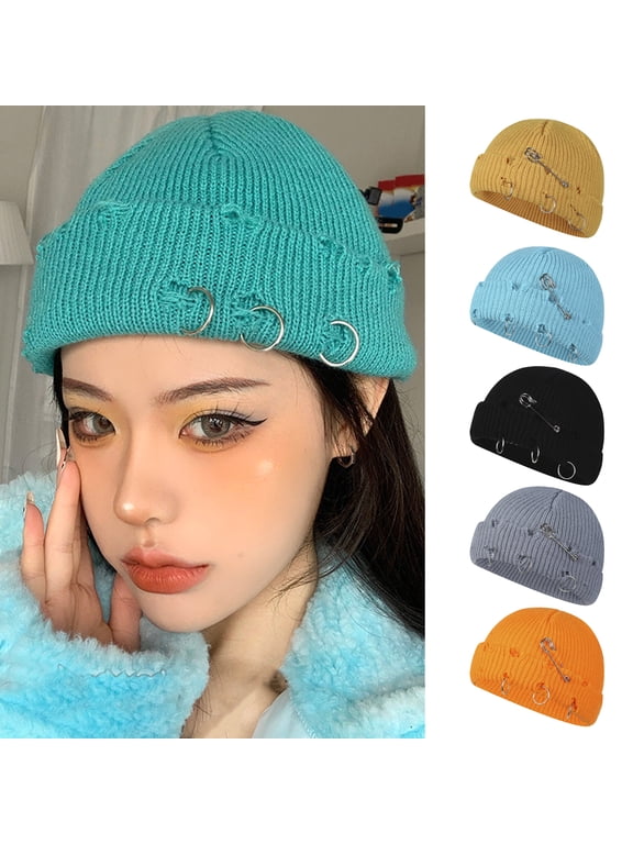 Short Fisherman Beanie for Men Women, Rolled Cuff Ripped Flanging Metal Ring Hat Wool Yarn Knit Cuff Winter Warm Ski Skull Hat Cap