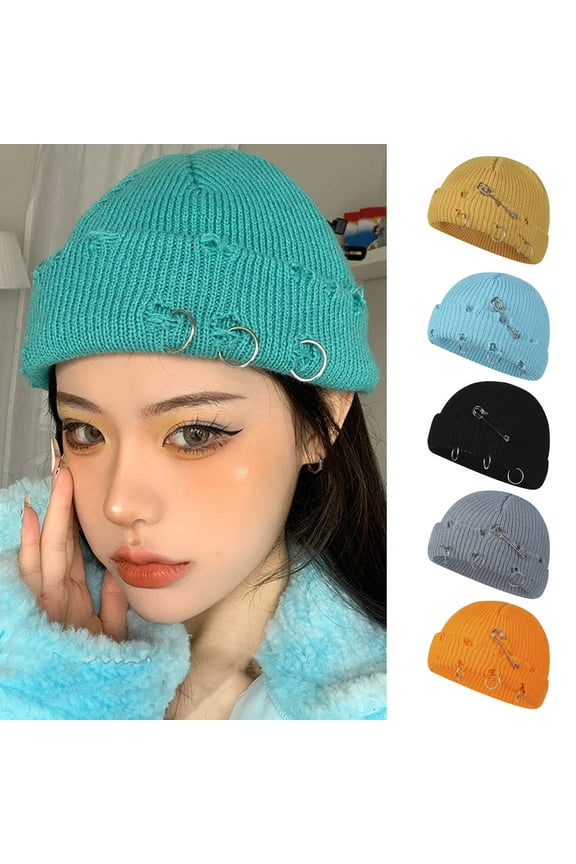 Short Fisherman Beanie for Men Women, Rolled Cuff Ripped Flanging Metal Ring Hat Wool Yarn Knit Cuff Winter Warm Ski Skull Hat Cap