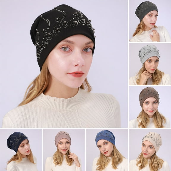 D-GROEE Slouchy Beanie for Women, Winter Warm Stretchy Faux Pearl Rhinestone Decor Skull Cap Hat Lightweight for Running Cycling