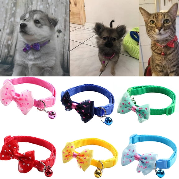 D-GROEE Small Pet Nylon Dot Print Bowknot Collar with Bell Adjustable Cute Necklace for Cat Kitten Kitty Dog Puppy