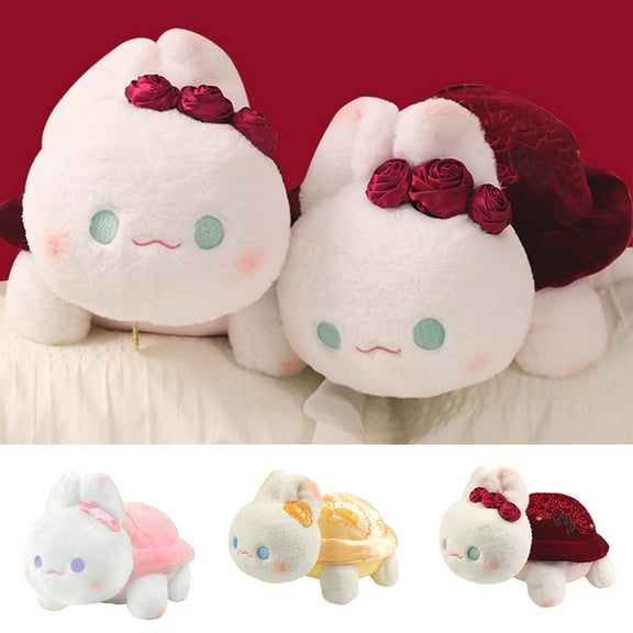 D-GROEE Soft Rabbit Plush Toy Rabbit Plush Toy with Shell Rose Golden Coins Pink Flower Soft Fuzzy Stuffed Plushie Home Decoration Girlfriend Valentine's Day