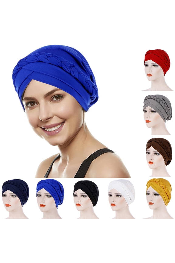 Solid Color Turban Hijab Braid Soft Turban Hats Braid Hair Cover Wrap Turban Headwear for Women