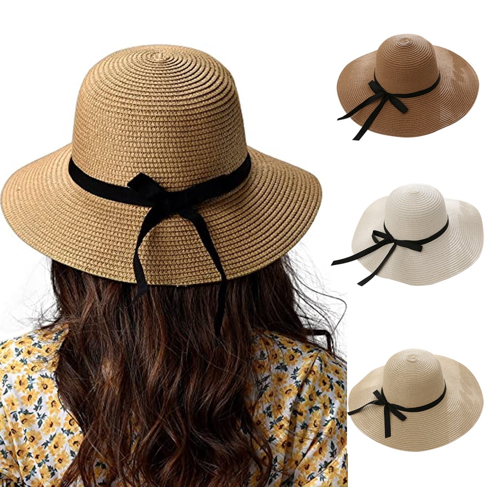 Women Summer Straw Knit Dot Bowknot Sunproof Hat