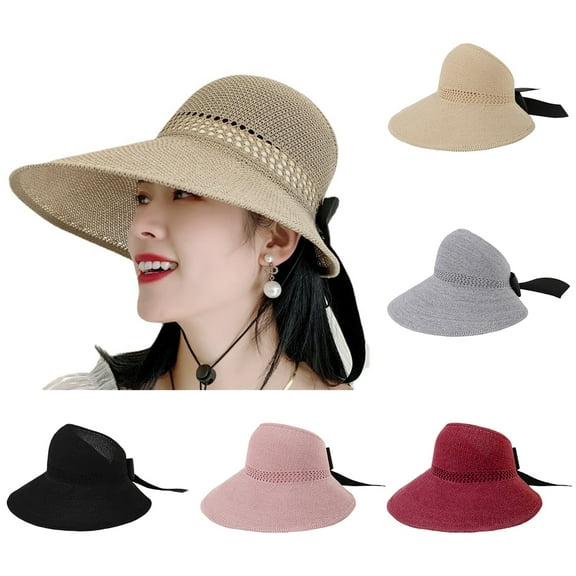 D-GROEE Sun Visor Hat Women Yarn Wide Brim Roll Up Empty Top Bow-knot Decor Summer Beach Cap