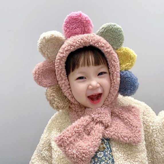 D-GROEE Toddlers Baby Girls and Boys Cartoon Flower Shape Cross Neck Winter Warm Knit Caps Scarf Plush Earflap Hood Warm Integrated Scarf Cap