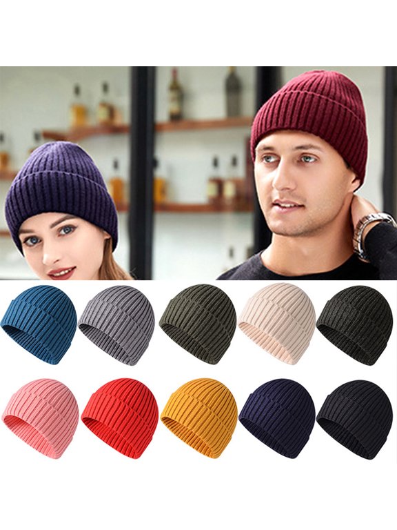 Unisex Cotton Beanie Hat No Brim Coldproof Winter Solid Color Warm Knit Ski Skull Cap