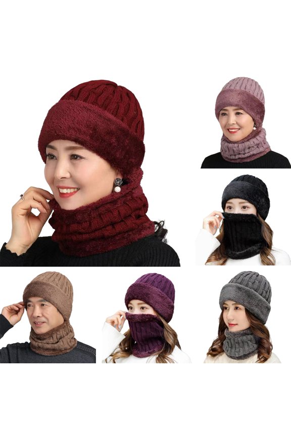 Unisex Winter Beanie Hats Scarf Set Warm Knit Hats Skull Cap Neck Warmer with Thick Plush Lined Winter Hat & Scarf for Women