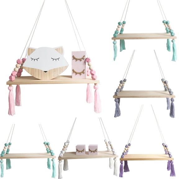 D-GROEE Wall Hanging Shelf - Wood Hanging Shelves for Wall - Farmhouse Rustic Floating Shelving for Bedroom Bathroom Living Room Nursery - Triangle Tassels Window Rope Hanging Plant Shelf