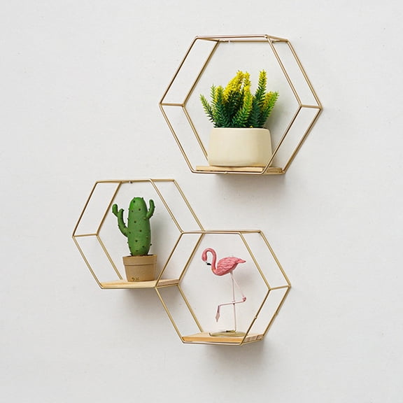 D-GROEE Wall Mounted Floating Shelves Metal Floating Display Stand - Hexagonal Storage Display Shelf with Wooden Base, Modern Floating Shelves for Home Decor Bedroom Kitchen Bathroom Office