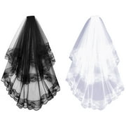 D-GROEE Wedding Bridal Veil with Comb 2 Tiers Lace Applique Edge Veil for Party
