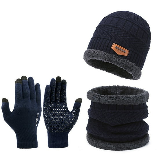 D-GROEE Winter Beanie Hat Scarf Touchscreen Gloves Set for Men, Beanie Gloves Neck Warmer Set with Warm Knit-Blue