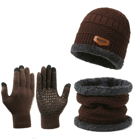 D-GROEE Winter Beanie Hat Scarf Touchscreen Gloves Set for Men, Beanie Gloves Neck Warmer Set with Warm Knit-Brown