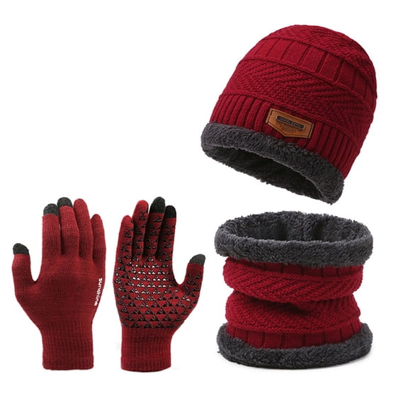 D-GROEE Winter Beanie Hat Scarf Touchscreen Gloves Set for Men, Beanie Gloves Neck Warmer Set with Warm Knit-Red