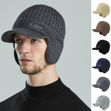 D-GROEE Winter Beanie with Visor & Earflaps for Men Outdoor Woolen Yarn Knitted Hat