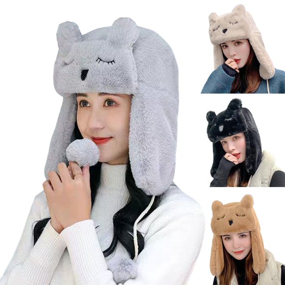 D-GROEE Winter Earflap Hat for Women Fluffy Womens Beanie Faux Fur Lace-Up Windproof Rope Cap Warm Cycling Cap Outdoor Ear Cover