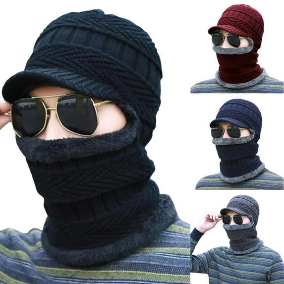 D-GROEE Winter Gloves Beanie Hats and Neck Protector Set for Men, Warm Yarn Knit Cap Set