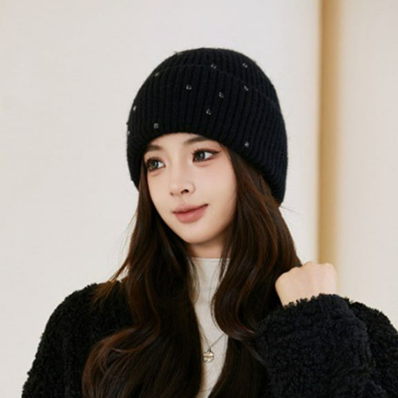 D-GROEE Winter Hat Fall Winter Women Beanie Thickened Knitted Decor Soft Warm Elastic No Brim Solid Color Anti-slip Windproof Lady Dome Lady Thick