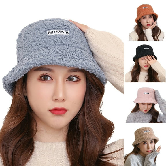 D-GROEE Winter Plush Fuzzy Sherpa Bucket Hat Letter Label Thickened Casual Fisherman Hats for Women