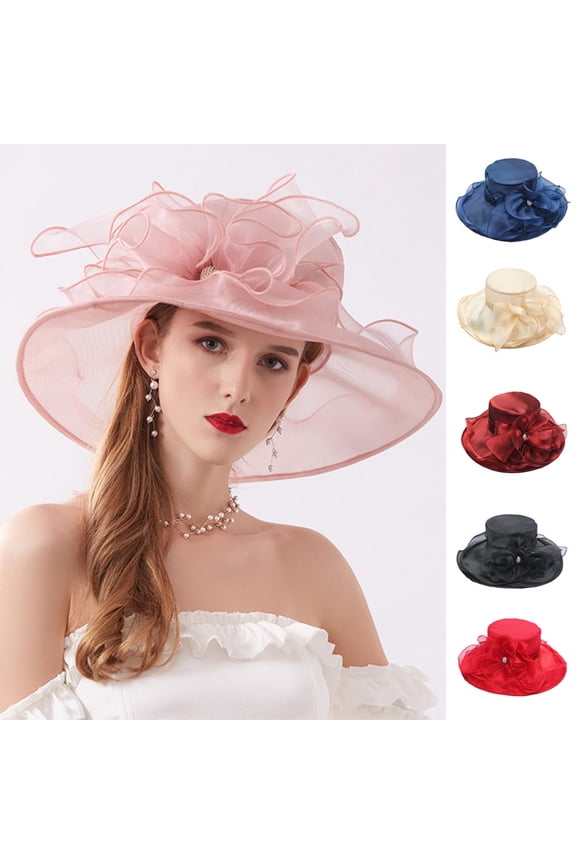 Women Church Cap Foldable Wide Brim Summer Sun Hat with Rhinestones Buckle for Party Wedding