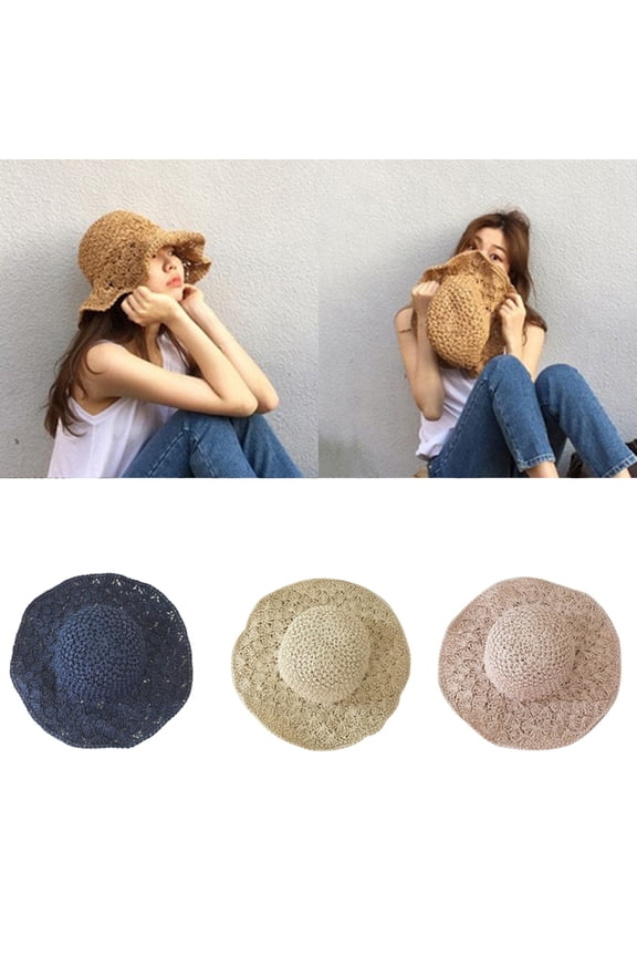 Women Foldable Wide Brim Straw Weave Hat Sunhat Beach Summer Hat UV Protect Travel Cap