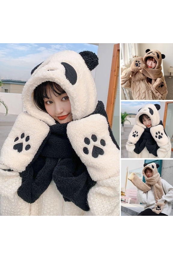 Women Girls Cute Panda Animal Winter Hats 3 in 1 Warm Plush Hoodie Cap Bear Paw Decor Gloves Mitten Scarf Set