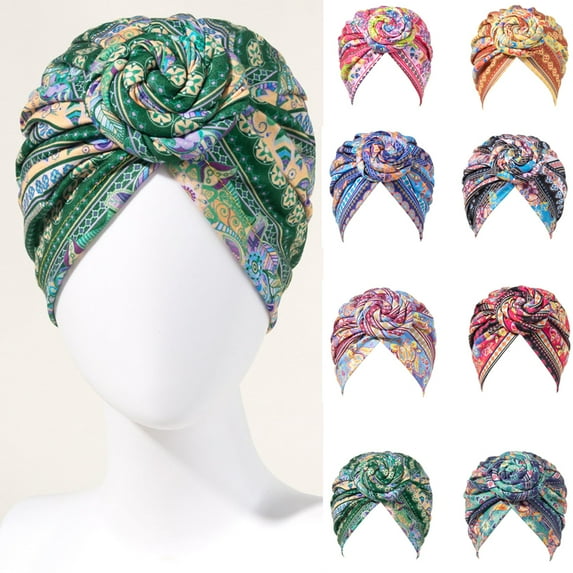 D-GROEE Women Retro Print Turban Bonnet Bohemia Flower Knot Pre-Tied Bonnet Beanie Cap Headwrap