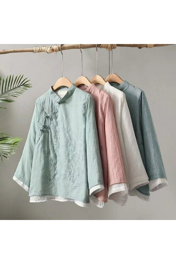 Women Spring Retro Top Chinese Style Embroidered Flower Pattern Knot Button Solid Color Keep Warm Loose Stand Collar Plus Size Vintage Shirt Lady Garment