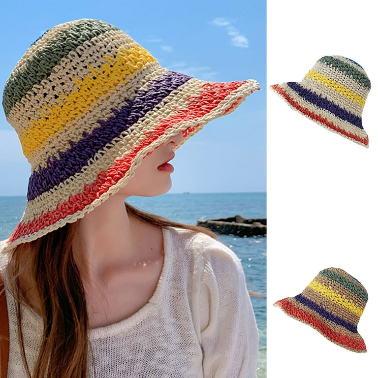 D-groee Women Straw Hat Wide Brim Beach Sun Cap Rainbow Colors Lady Bucket Hat for Travel Decoration Summer Vacation Soft Lightweight and Breathable