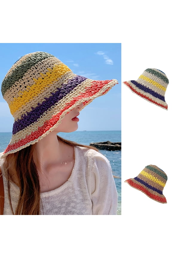 Women Straw Hat Wide Brim Beach Sun Cap Rainbow Colors Lady Bucket Hat for Travel Decoration Summer Vacation Soft Lightweight and Breathable