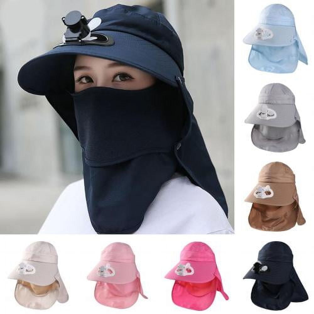 D-GROEE Women Sun Face Mask Visor Hat, Wide Brim Cap with Fan UV Protection  Foldable Hat with Detachable Adjustable Flaps