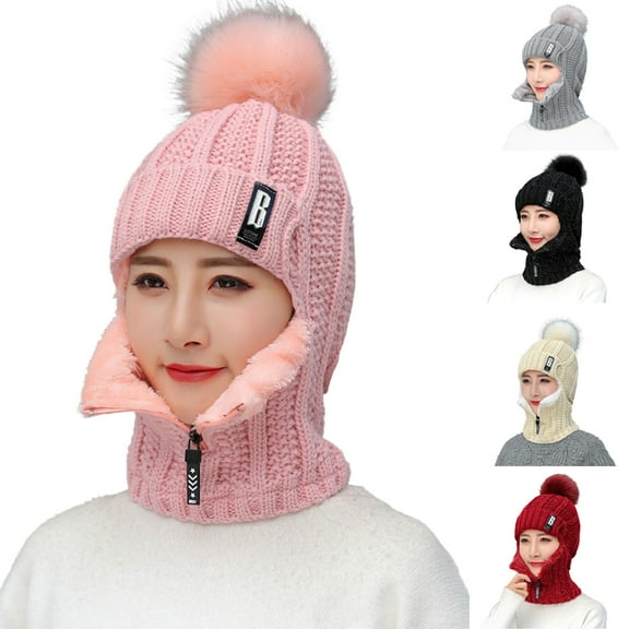 D-GROEE Women Winter Beanie Hats One-Piece Wool Knitted Balaclavas Mask Set Skull Neck Circle Scarf Ski Snow Hat Cap with Pompom Ball