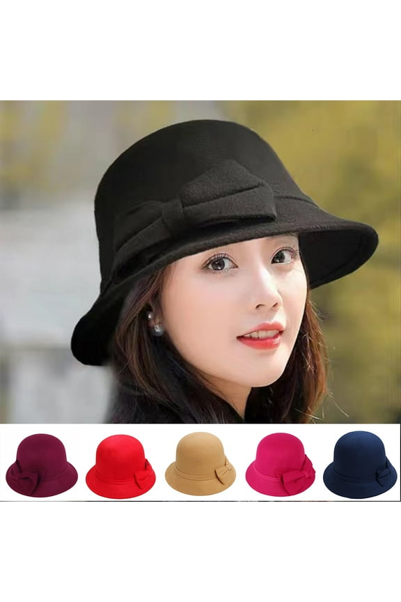Women's Felt Fedora Hat Short Brim Vintage Classic Wool Bowknot Decor Lady's Round Dome Hat